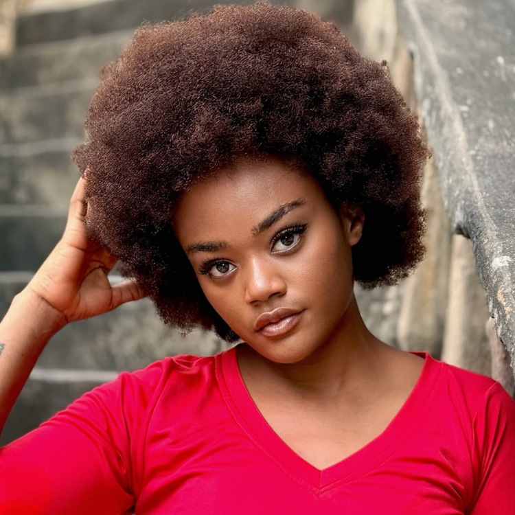 Dark Auburn Brown 4B 4C Afro Kinky Blowout Human Hair Wig - Pre-Plucked Voluminous Fluffy Coily Wig- Rafarada