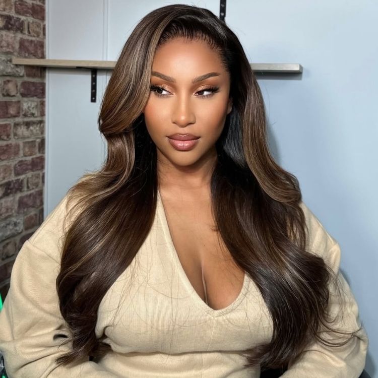 Dark Brown Caramel Highlights Color Half Body Human Hair HD Lace Front Wig - Rafarada