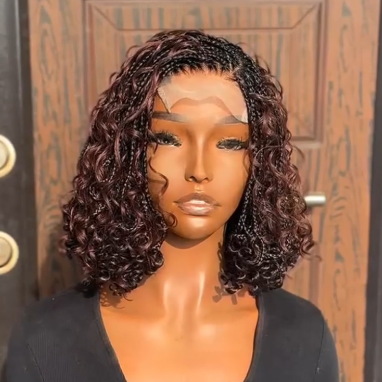 Dark Burgundy Brown Cornrow Braided Curly Human Hair Wig - Glueless Easy Install - Rafarada