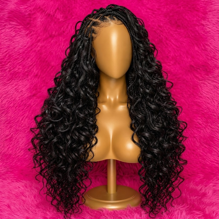 Glossy Natural Black Boho Knotless Braided Wig With Defined Spiral Curls Wig Pre-Plucked Hairline With Baby Hair- Rafarada
