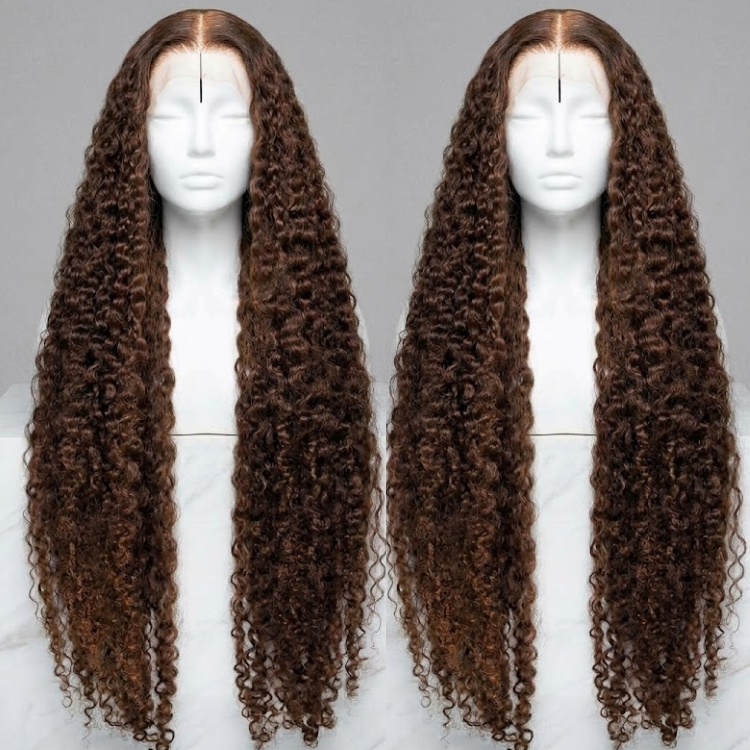 Dark Chestnut Burmese Deep Curly Lace Frontal Wig Chocolate Ombre Middle Part Human Hair Wig Luxury Deep Wave Hair - Rafarada