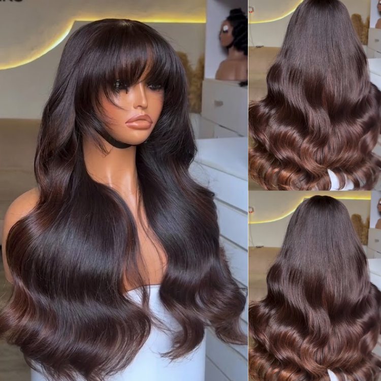 Glueless Dark Chocolate Espresso Voluminous Body Wave Human Hair Wig with Wispy Layered Bangs- Rafarada