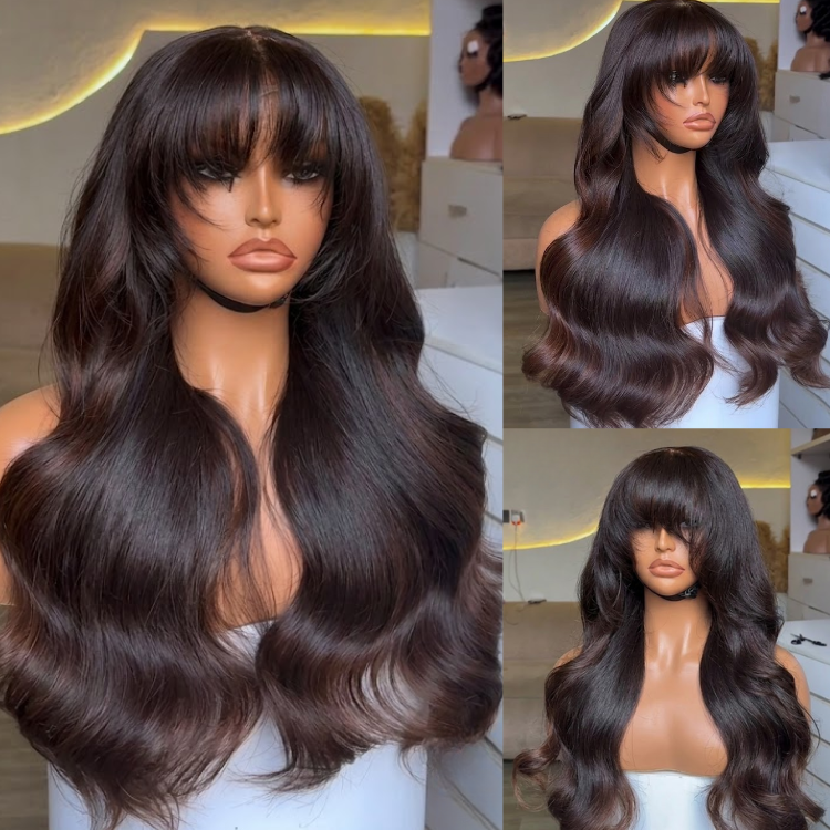 Glueless Dark Chocolate Espresso Voluminous Body Wave Human Hair Wig with Wispy Layered Bangs- Rafarada