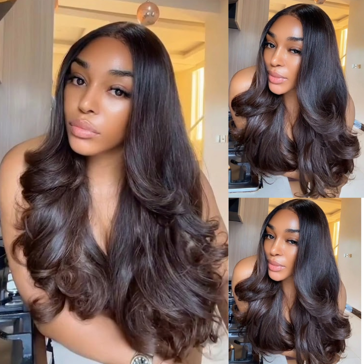 Glueless Dark Chocolate Brown Body Wave Lace Front Human Hair Wig, Pre Plucked HD Transparent Lace Frontal Wig, Voluminous Curtain Layered Cut Big Bouncy Curls Wig- Rafarada