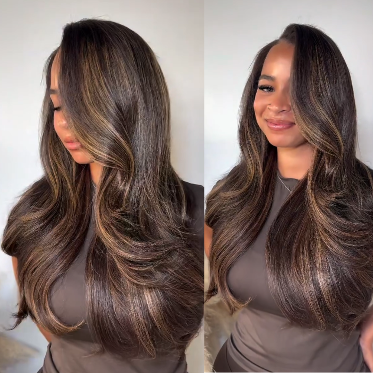 Dark Chocolate Brown With Caramel Honey Highlights Layered Body Wave Human Hair Wig 13x4 Lace Front Textured Soft Wavy Wig - Rafarada