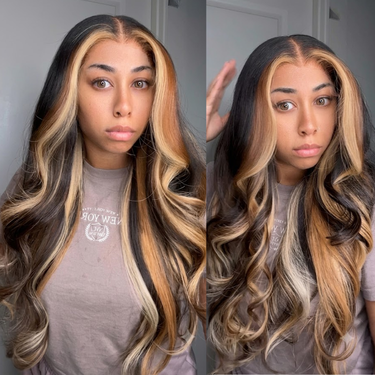 Deep Espresso & Rich Caramel Honey Money Piece Chunky Highlights, Loose Body Wave Human Hair 13x4 Lace Front Wig, Soft Large Curls- Rafarada