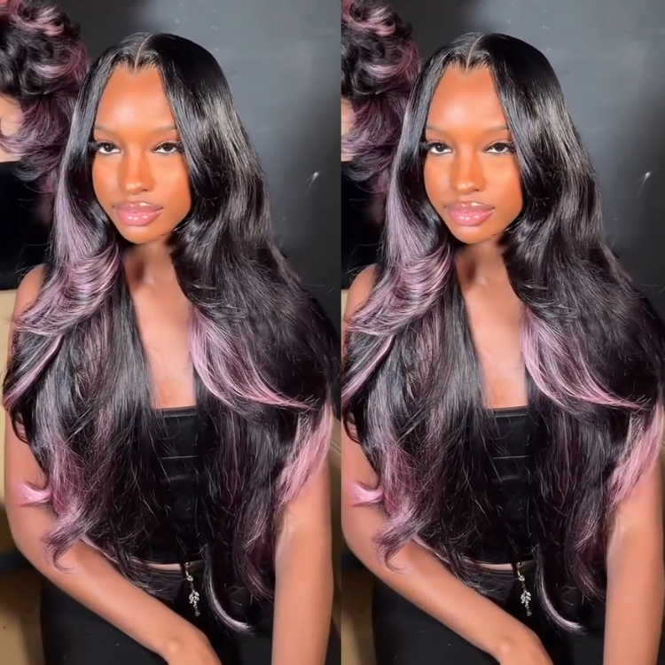 Dark Root Lavender-Pink Balayage Body Wave Human Hair Wig - 30 Inch Glamour Curls- Rafarada