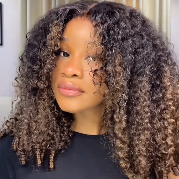 Dark Roots Chestnut Brown & Toffee Highlight Curly Lace Front Wig HD Transparent Lace, Voluminous Defined Curls, Glueless 100% Human Hair Wig- Rafarada
