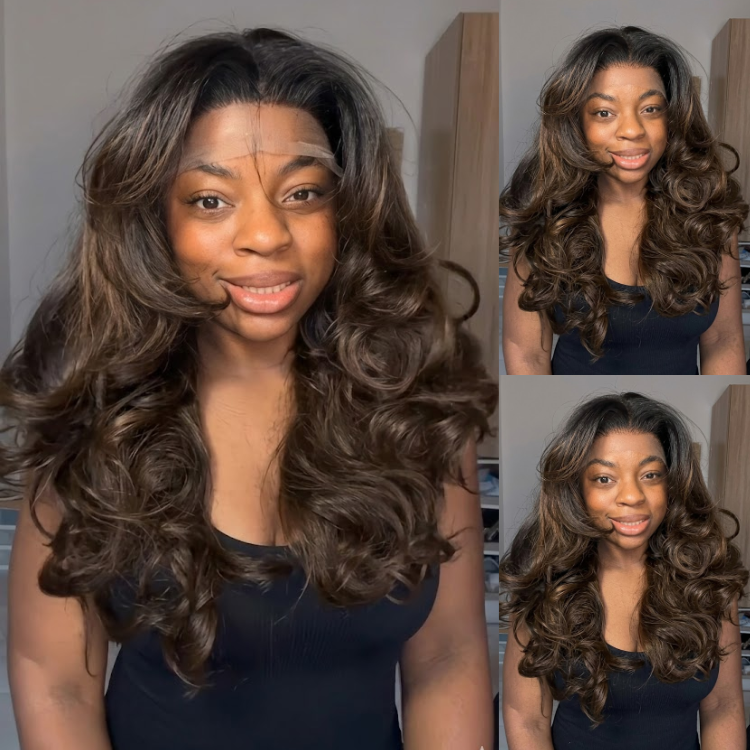 Dark Roots Chocolate Brown Long Wavy Human Hair Wig - Full Body Wave Pre-plucked Lace Frontal Wig for Women - Rafarada