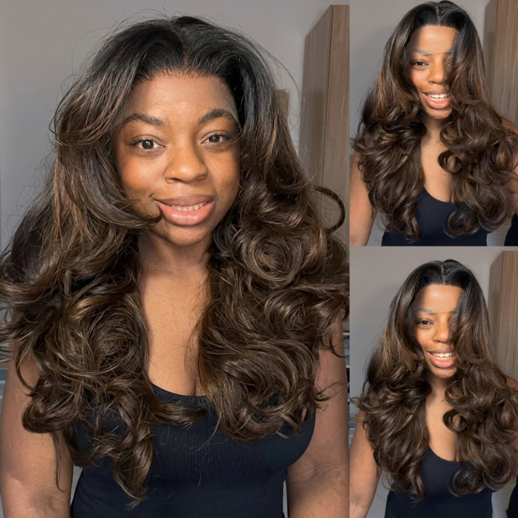 Dark Roots Chocolate Brown Long Wavy Human Hair Wig - Full Body Wave Pre-plucked Lace Frontal Wig for Women - Rafarada