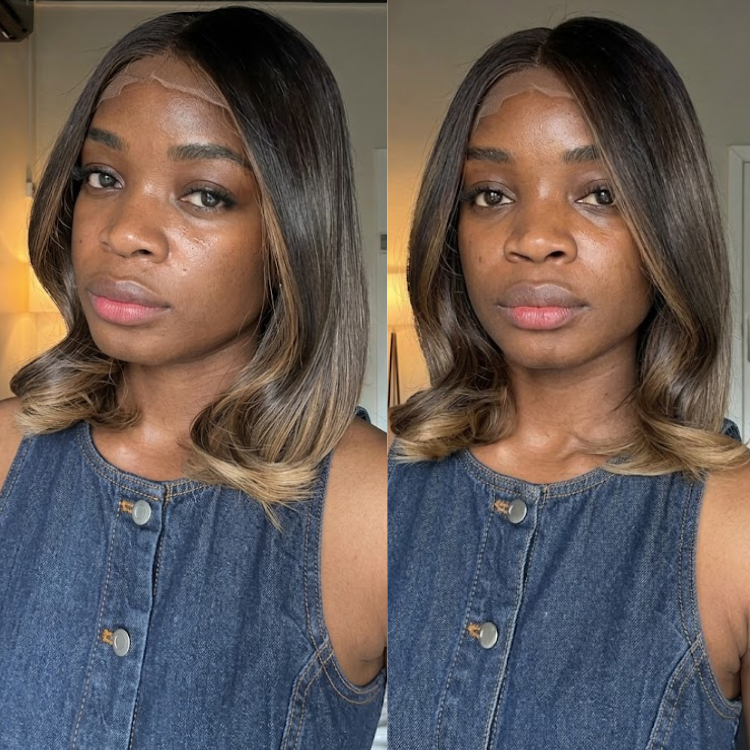 Honey Blonde Highlights Dark Roots Straight Wig with Flip Ends HD Lace Front Wig- Rafarada