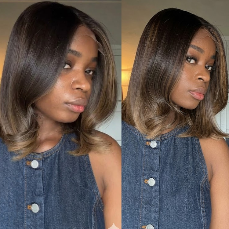 Honey Blonde Highlights Dark Roots Straight Wig with Flip Ends HD Lace Front Wig- Rafarada