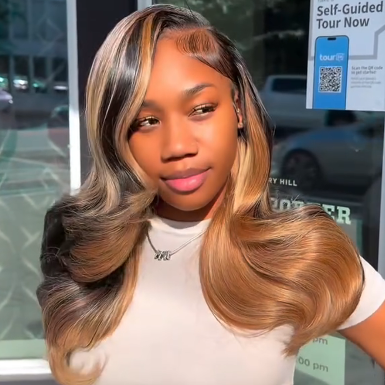 Striking Dark Root to Honey Blonde Highlighted Body Wave Lace Frontal Wig - Bouncy Volume Human Hair- Rafarada