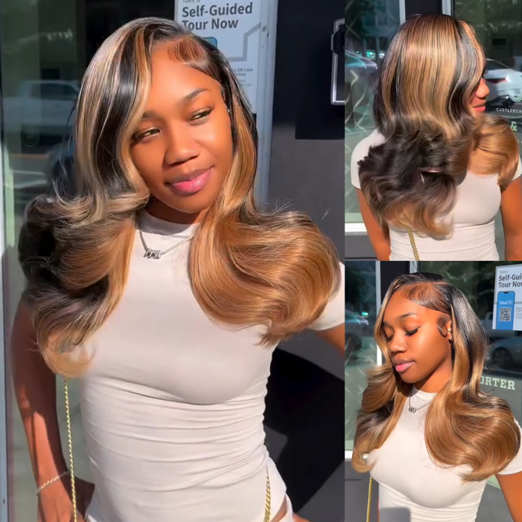 Striking Dark Root to Honey Blonde Highlighted Body Wave Lace Frontal Wig - Bouncy Volume Human Hair- Rafarada