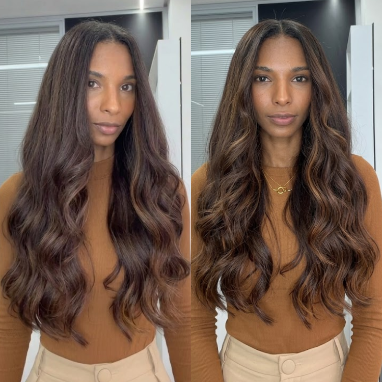 Glueless Body Wave Lace Front Wig Darkest Brown with Chocolate & Caramel Highlights Human Hair Wig- Rafarada