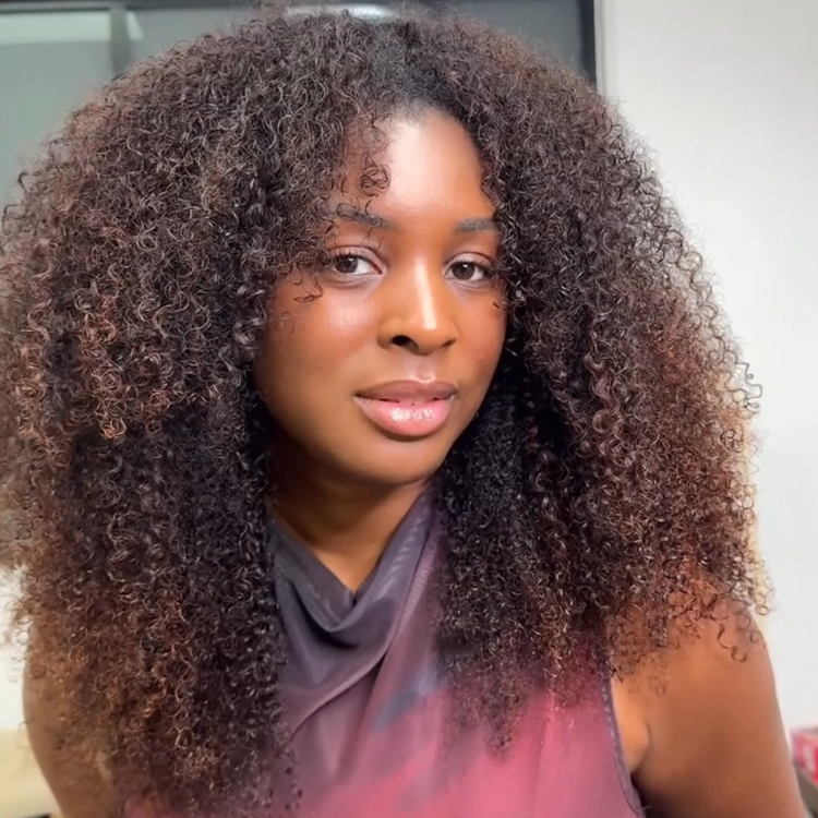 Glueless V Part Afro Kinky Curly Wig No Leave Out Dark to Copper Brown Ombre Human Hair Wig Big Voluminous Curly V-Part Wig - Rafarada