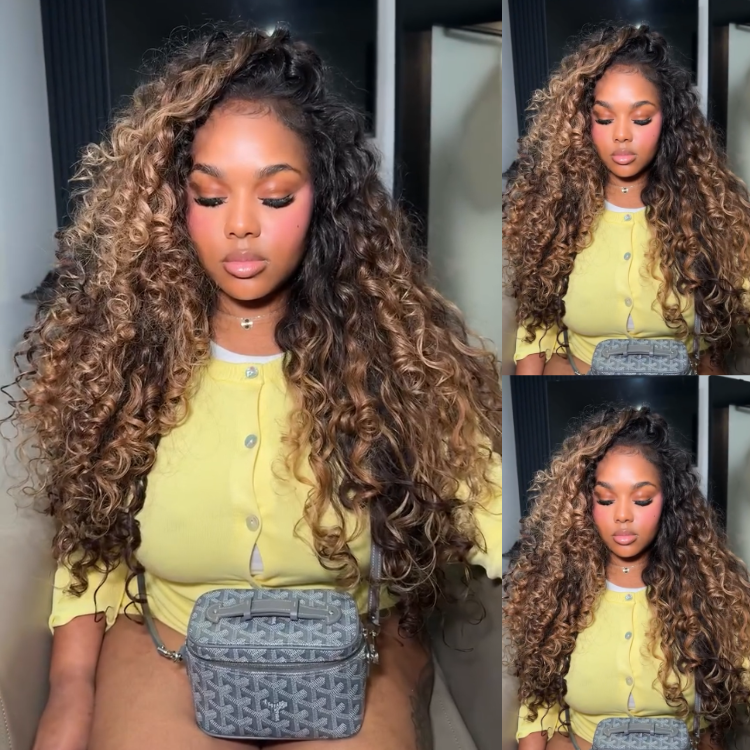 Deep Chocolate Brown to Honey Blonde Ombre Wavy Wig - Two-Tone Bouncy Spiral Curls for Women, Glueless Human Hair- Rafarada