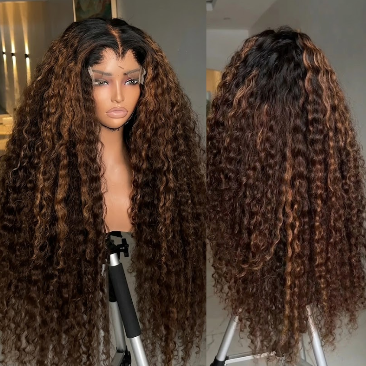 Caramel Mixed Brown Deep Wave Human Hair Lace Front Wig - High Volume Long Curly Wig with Natural Hairline - Rafarada