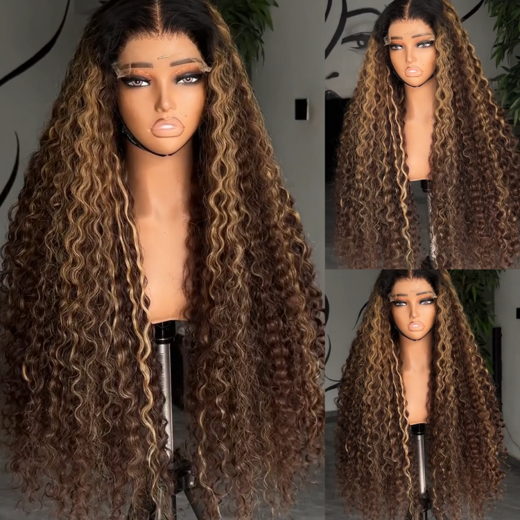 Honey Blonde Highlight Deep Wave Lace Front Wig - Glueless Long Voluminous Kinky Curly Human Hair Wig- Rafarada