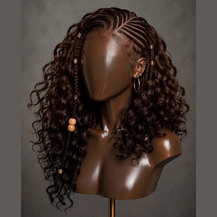 Natural Black Boho Cornrow Braided Curly Wig With Beads Loose Wave Wig Pre-Plucked Hairline With Baby Hair - Rafarada