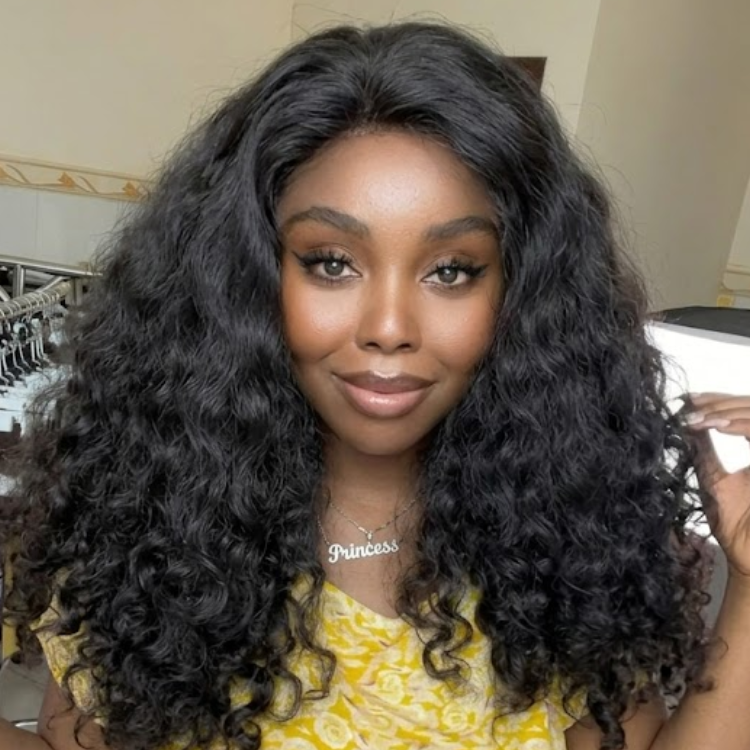 Natural Black Deep Wave Curly Human Hair Lace Front Wig Extra Voluminous Spiral Curl Pre-Plucked with Baby Hair- Rafarada