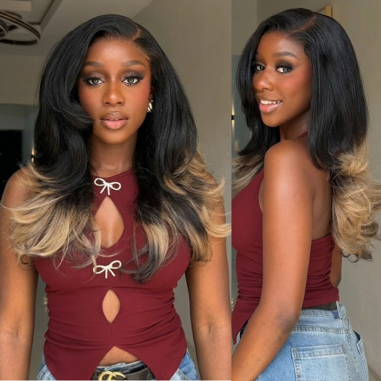 Black to Deep Blonde Ombre Deep Wave Lace Wig ¨C Human Hair Layered Voluminous Curls- Rafarada
