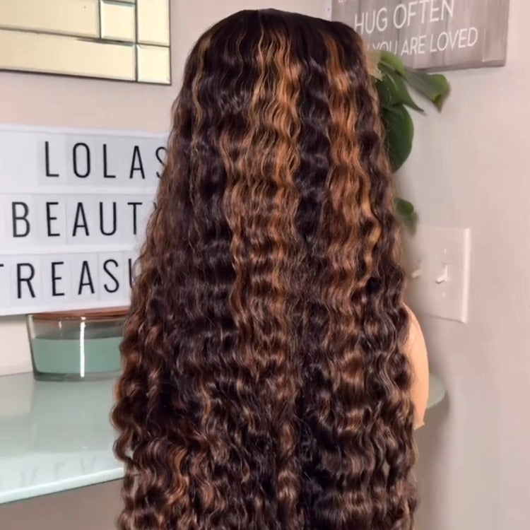 Highlight Golden Color Glueless Lace Front Wig Human Hair Deep Wave Wigs - Rafarada