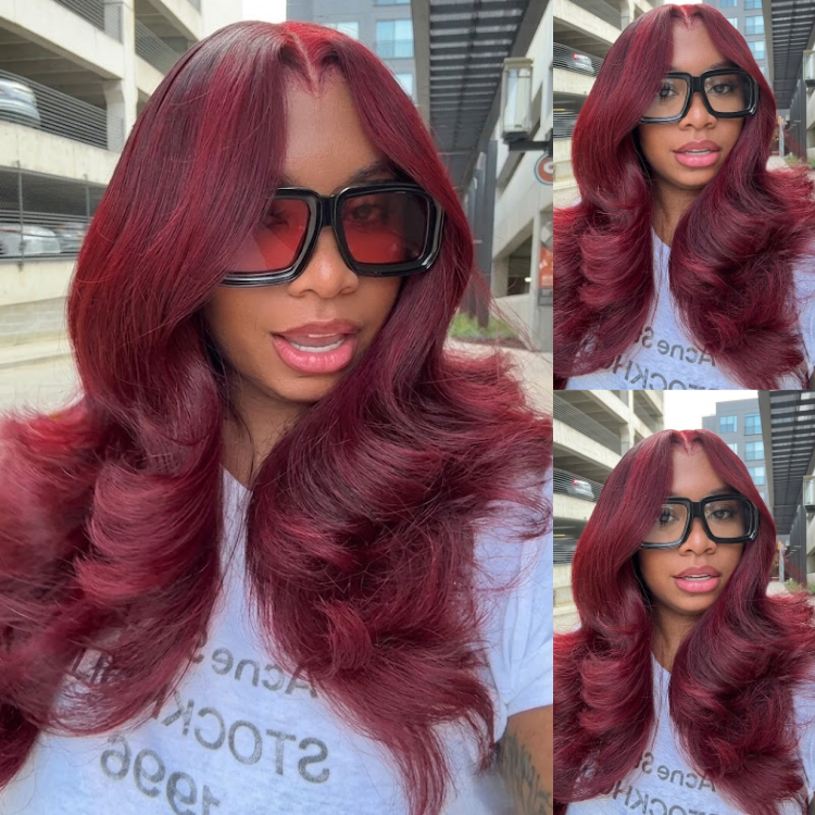 Deep Wine Red Hollywood Big Wave Human Hair Wig 13x4 Lace Front Deep Burgundy Colored Wig - Rafarada