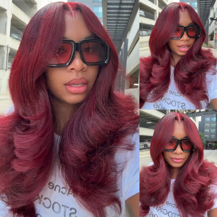 Deep Wine Red Hollywood Big Wave Human Hair Wig 13x4 Lace Front Deep Burgundy Colored Wig - Rafarada