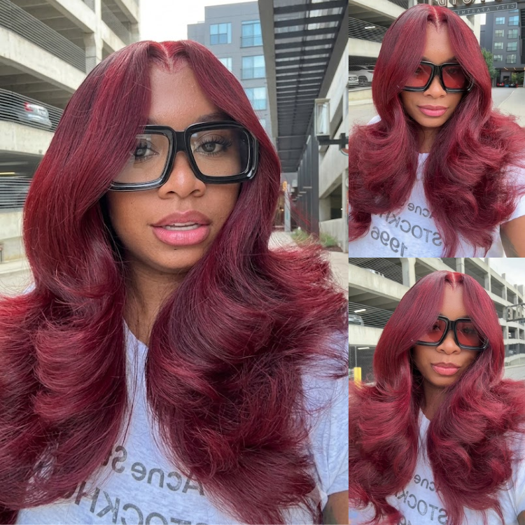 Deep Wine Red Hollywood Big Wave Human Hair Wig 13x4 Lace Front Deep Burgundy Colored Wig - Rafarada
