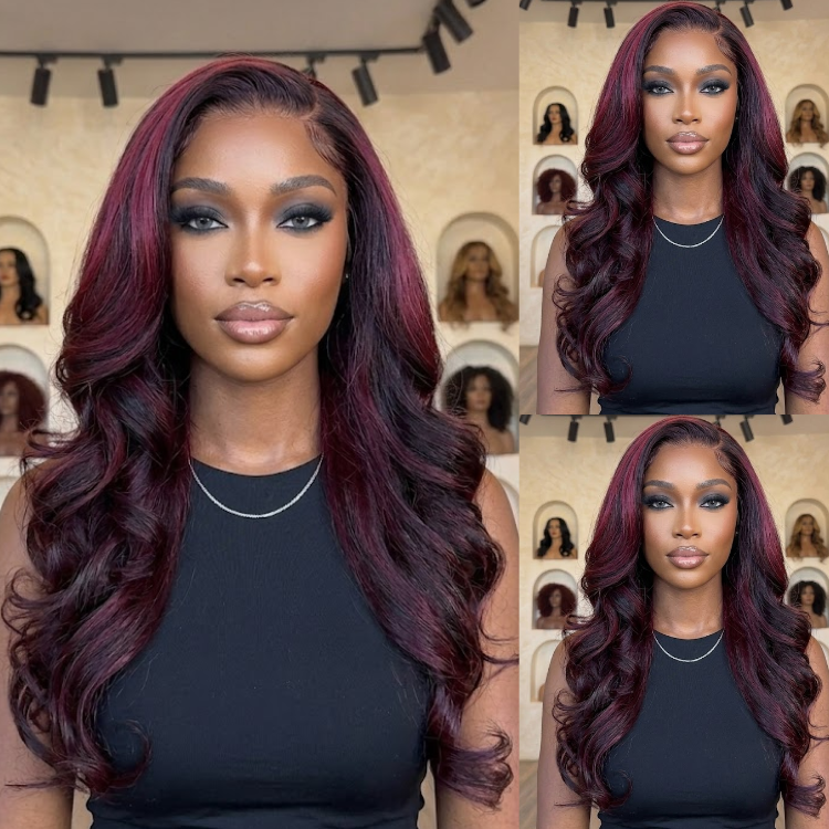 Deep Wine Red Ombre Body Wave Lace Front Wig 100% Human Hair Glueless Dark Burgundy Wavy Wig for Women- Rafarada