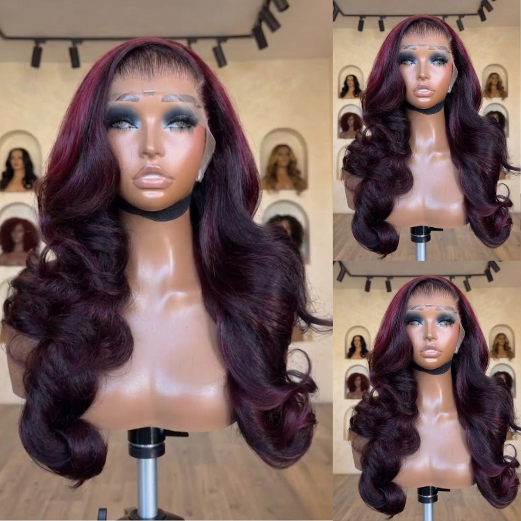 Deep Wine Red Ombre Body Wave Lace Front Wig 100% Human Hair Glueless Dark Burgundy Wavy Wig for Women- Rafarada