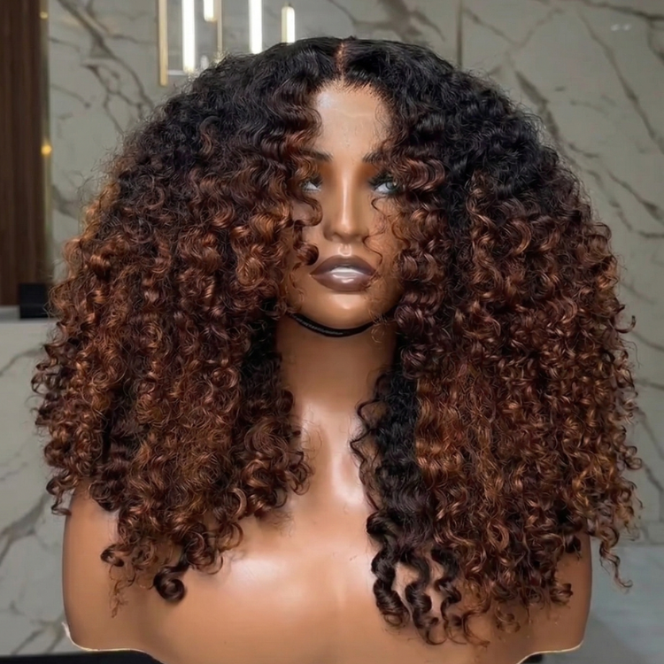 Ombre Chestnut Brown Afro Kinky Curly Lace Front Wig HD Transparent Lace, Dark Roots, Voluminous Defined Curls, Glueless 100% Human Hair Wig - Rafarada