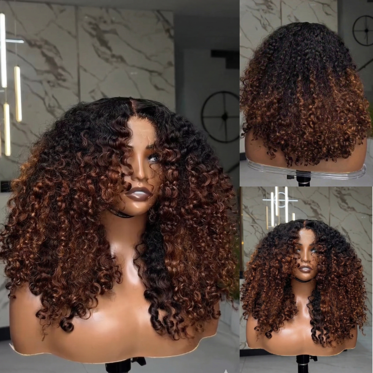 Ombre Chestnut Brown Afro Kinky Curly Lace Front Wig HD Transparent Lace, Dark Roots, Voluminous Defined Curls, Glueless 100% Human Hair Wig - Rafarada