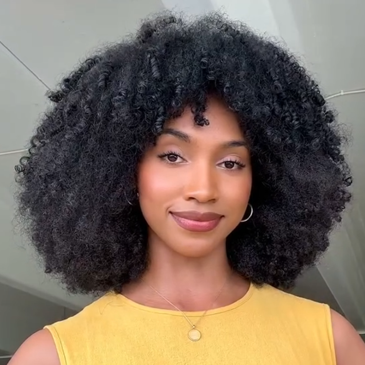 Natural Black Defined Tight Spiral Coil Human Hair Wig with Bangs - Voluminous Curls- Rafarada
