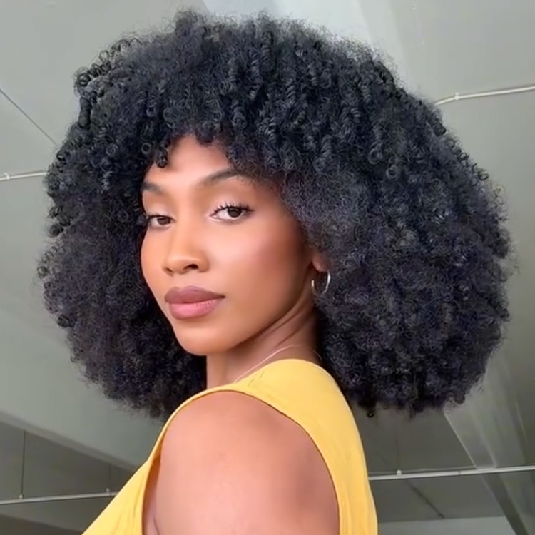 Natural Black Defined Tight Spiral Coil Human Hair Wig with Bangs - Voluminous Curls- Rafarada