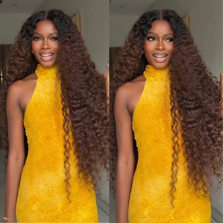 Natural Black to Deep Chestnut Ombre Deep Wave Human Hair Wig - Extra-Long Textured Curly Lace Front- Rafarada