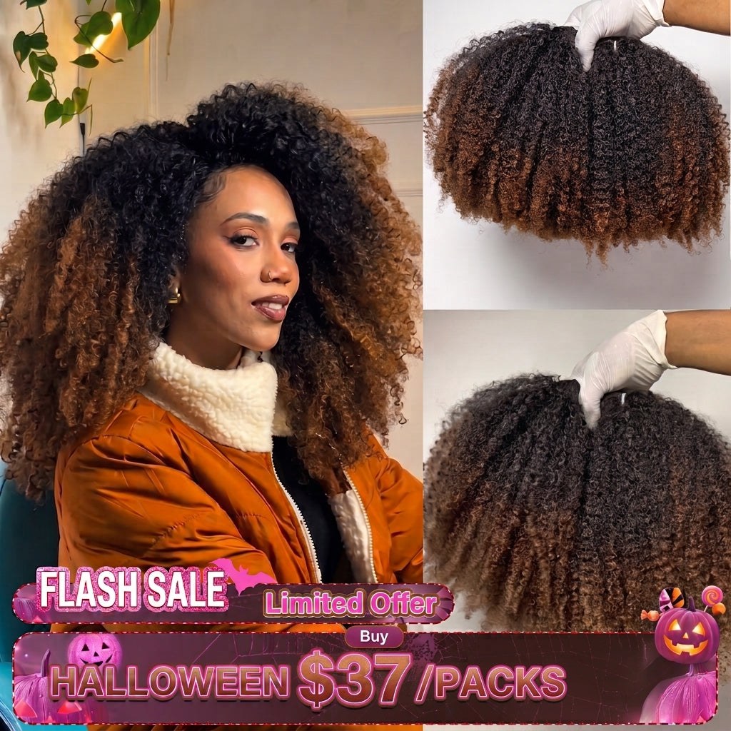 Ombre Afro Kinky Curly Human Hair Bundles - T1B/30 Honey Brown Kinky Coily Weaves for Black Women - Rafarada