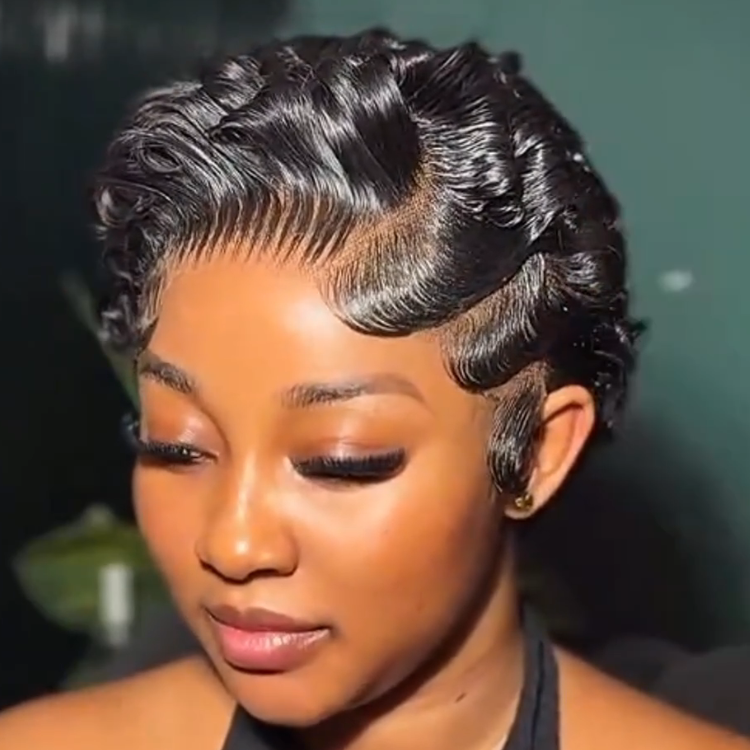 Full Lace Short Pixie Cut Wig Finger Waves Water Curly Human Hair Glossy Jet Black Color Lace Front Wigs for Women- Rafarada