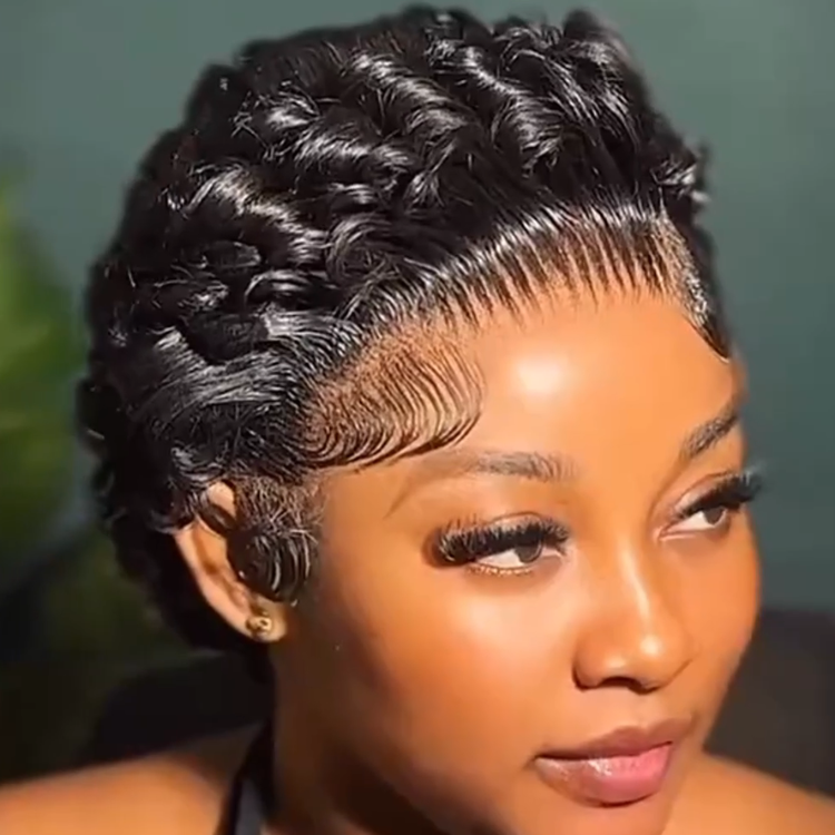 Full Lace Short Pixie Cut Wig Finger Waves Water Curly Human Hair Glossy Jet Black Color Lace Front Wigs for Women- Rafarada