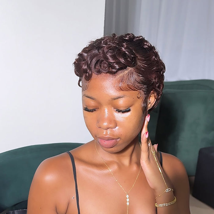 Luxury Short Pixie Curly Brown Wig Available in Full Lace Natural Chestnut Brown Short Curly Wig- Rafarada