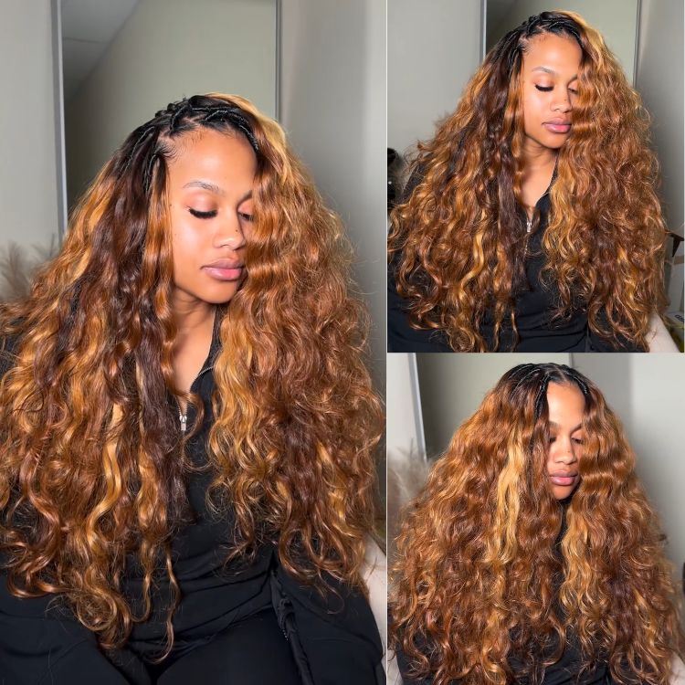 Ginger Brown Deep Wave with Pre-styled Twists Lace Front Human Hair Wigs High Density Long Honey Copper Colored Glueless Wigs for Women - Rafarada