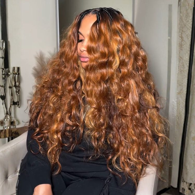 Ginger Brown Deep Wave with Pre-styled Twists Lace Front Human Hair Wigs High Density Long Honey Copper Colored Glueless Wigs for Women - Rafarada