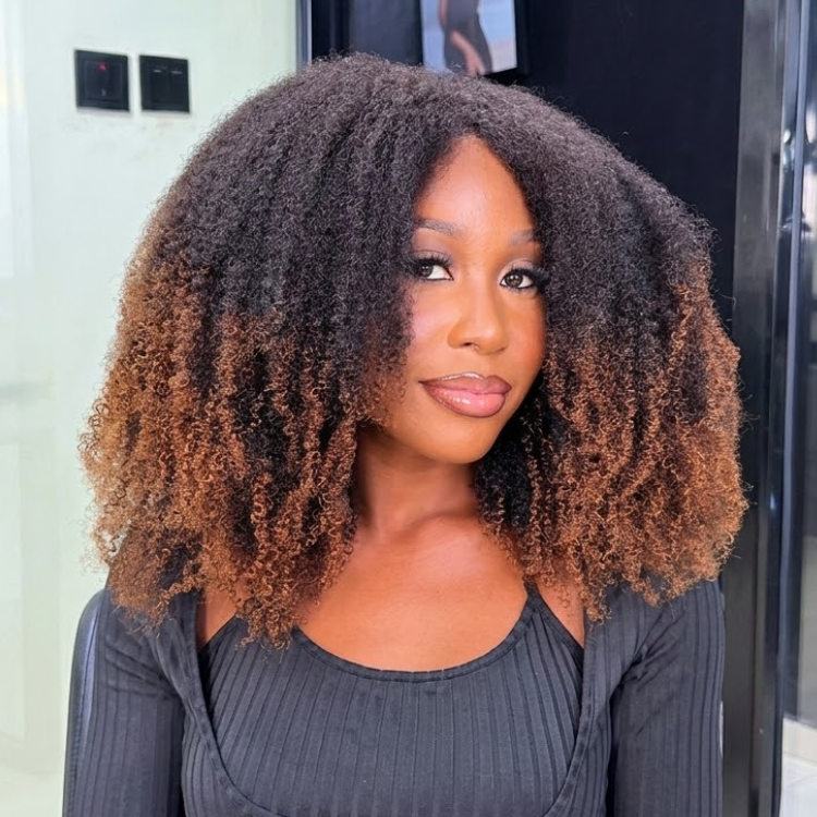 Ginger Caramel Brown Ombre Ends Afro Coily Ringlets Lace Front Wig - Pre-Plucked Glueless Human Hair Wig with Dark Roots- Rafarada