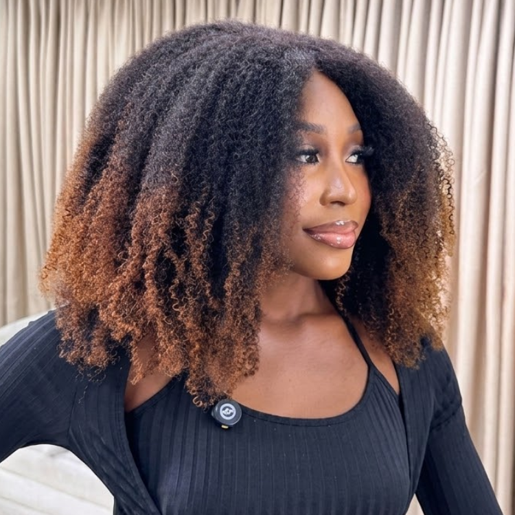 Ginger Caramel Brown Ombre Ends Afro Coily Ringlets Lace Front Wig - Pre-Plucked Glueless Human Hair Wig with Dark Roots- Rafarada