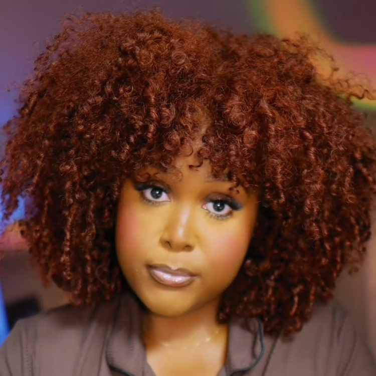 Ginger Copper Brown Curly Human Hair Wig with Bangs Glueless End Spiral Curl Wig for Beginner - Rafarada