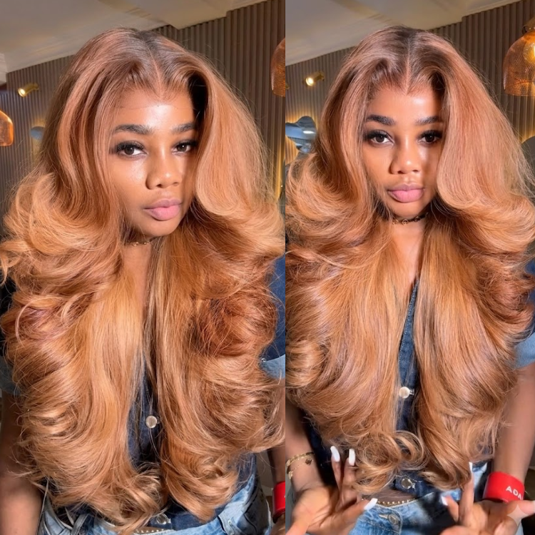 Glueless Ginger Honey Caramel Brown Body Wave Lace Front Human Hair Wig, Pre Plucked HD Transparent Lace Frontal Wig, Voluminous Layered Cut Big Bouncy Curls Wig- Rafarada