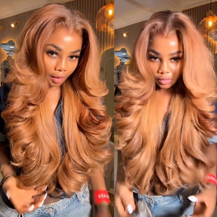 Glueless Ginger Honey Caramel Brown Body Wave Lace Front Human Hair Wig, Pre Plucked HD Transparent Lace Frontal Wig, Voluminous Layered Cut Big Bouncy Curls Wig- Rafarada