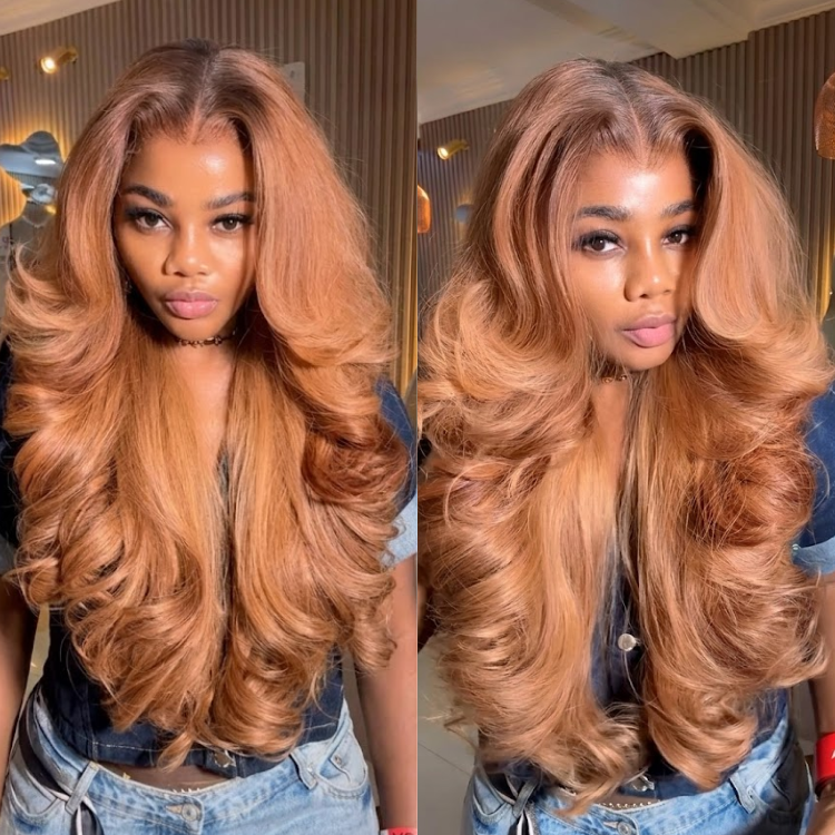 Glueless Ginger Honey Caramel Brown Body Wave Lace Front Human Hair Wig, Pre Plucked HD Transparent Lace Frontal Wig, Voluminous Layered Cut Big Bouncy Curls Wig- Rafarada