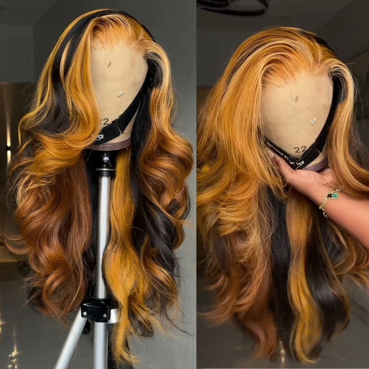 Ginger Orange Highlights Black Body Wave Wig HD Lace Front Wig- Rafarada